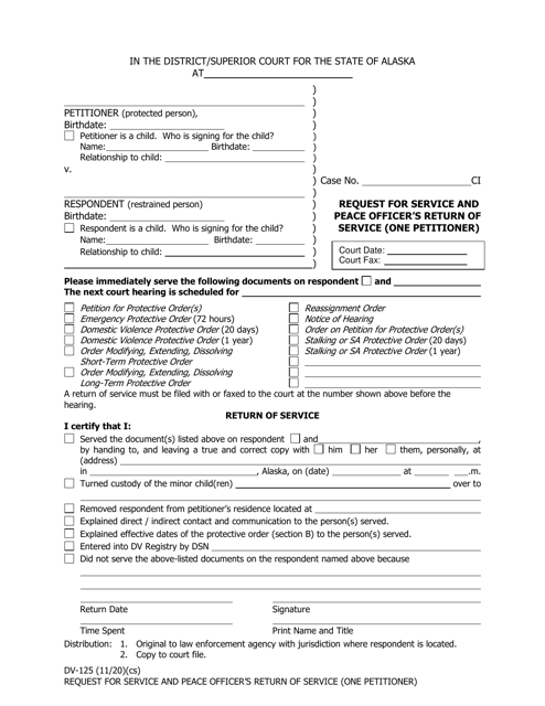 Form DV-125 Request for Service and Peace Officer's Return of Service (One Petitioner) - Alaska