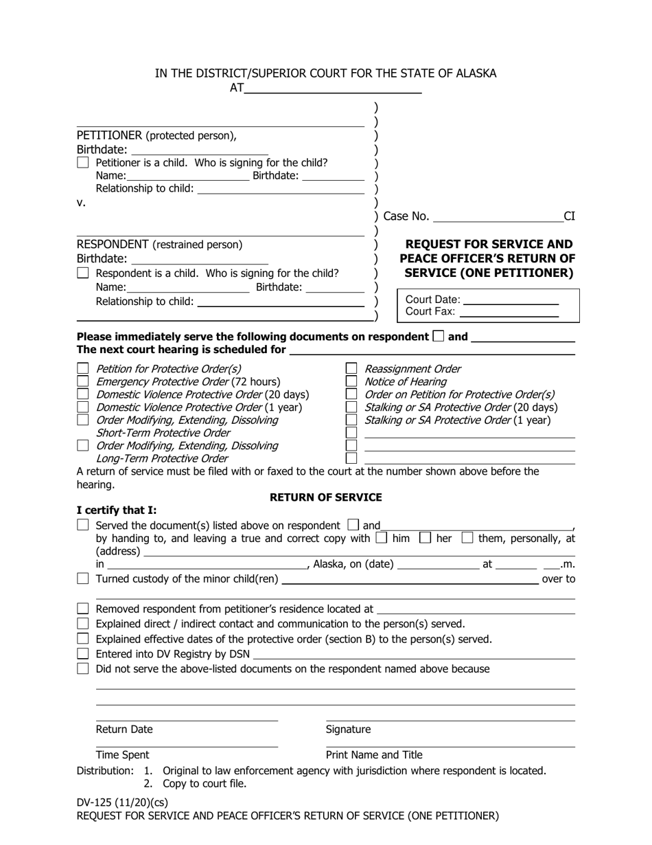 Form DV-125 Request for Service and Peace Officers Return of Service (One Petitioner) - Alaska, Page 1