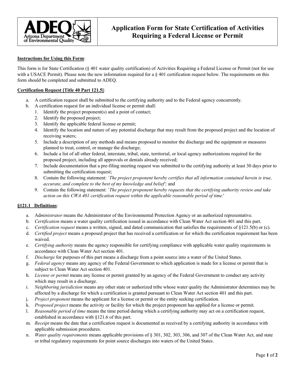 Application Form for State Certification of Activities Requiring a Federal License or Permit - Arizona, Page 1