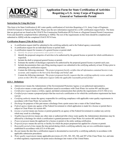 Application Form for State Certification of Activities Requiring a U.S. Army Corps of Engineers General or Nationwide Permit - Arizona Download Pdf