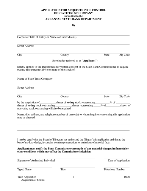 Application for Acquisition of Control of State Trust Company - Arkansas Download Pdf