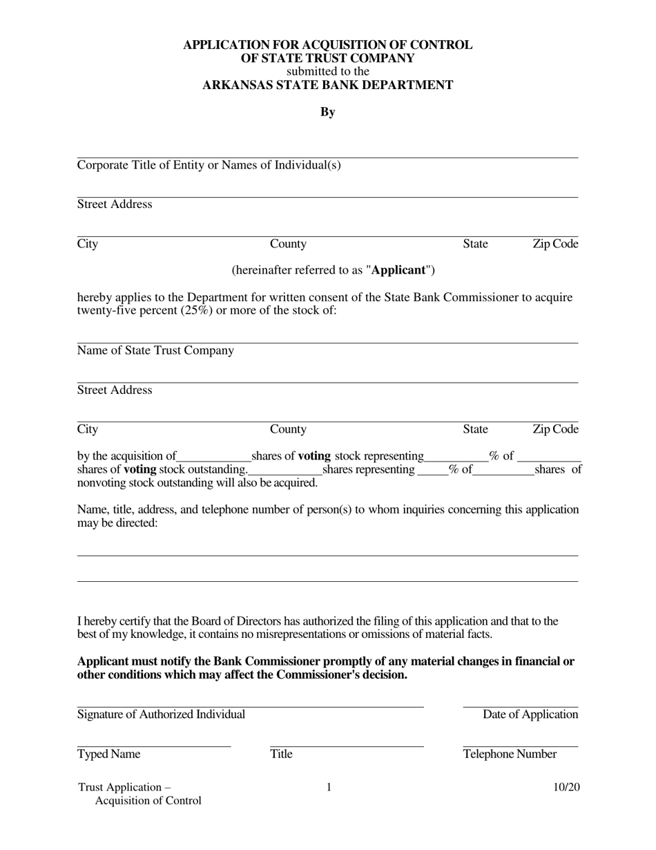 Application for Acquisition of Control of State Trust Company - Arkansas, Page 1