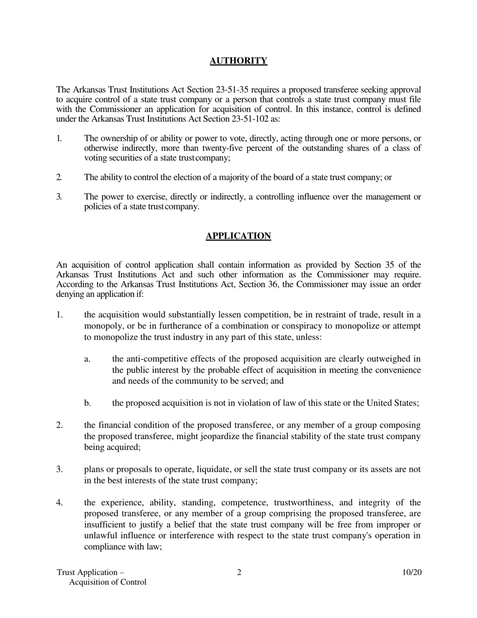 Application for Acquisition of Control of State Trust Company - Arkansas, Page 2