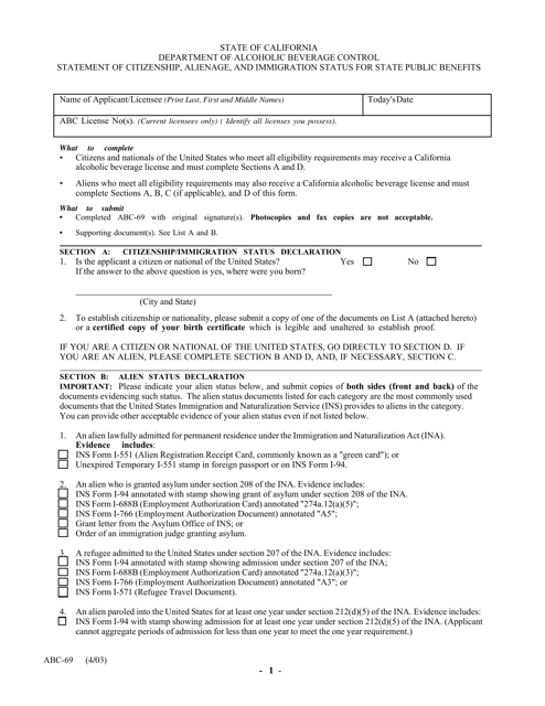 Form ABC-069 Statement of Citizenship, Alienage, and Immigration Status for State Public Benefits - California