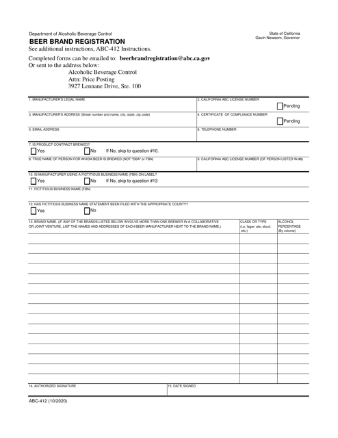 Form ABC-412 Beer Brand Registration - California
