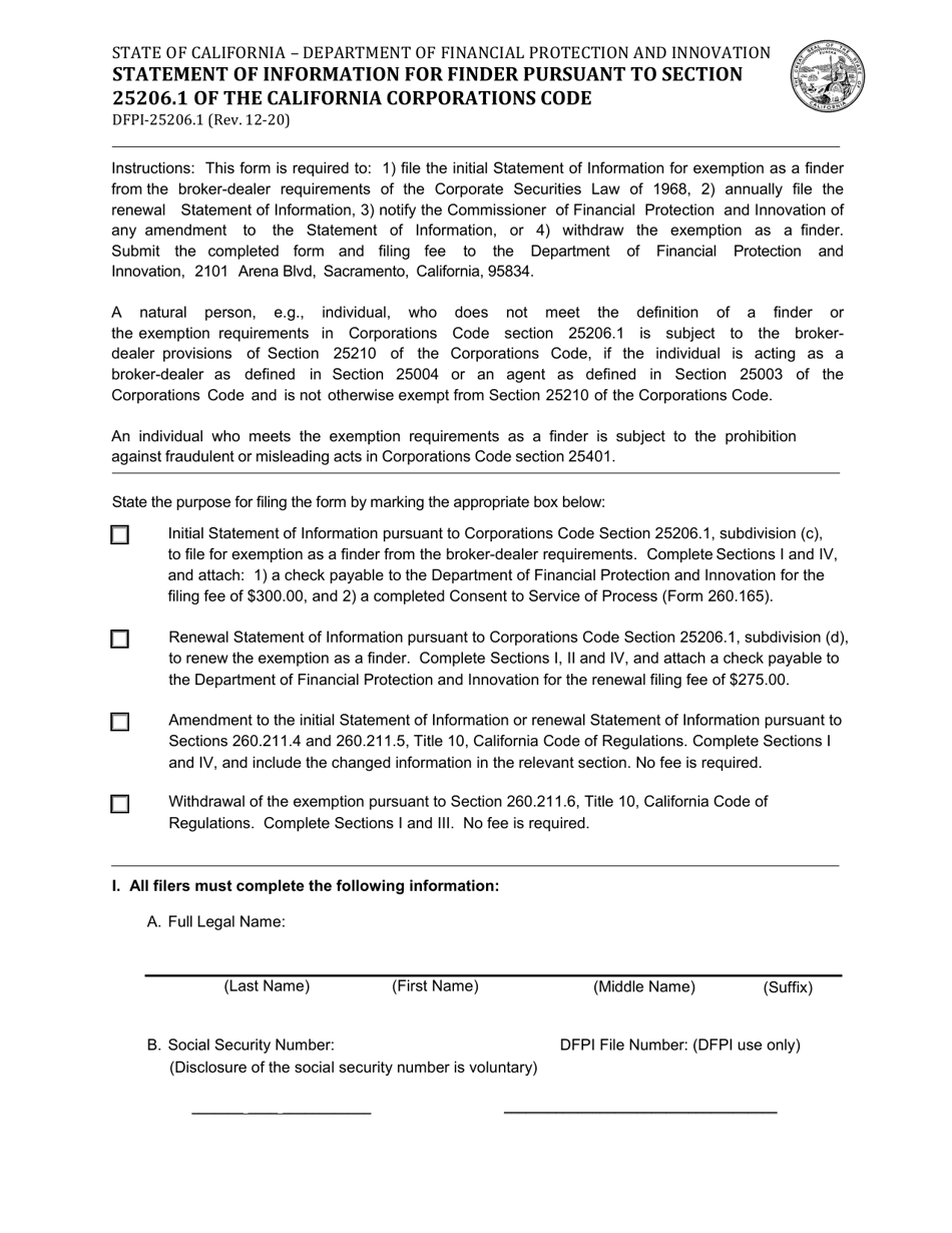 Form DFPI-25206.1 Statement of Information for Finder - California, Page 1