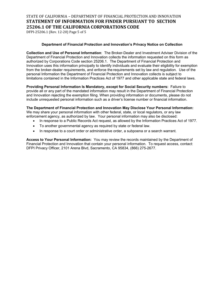 Form DFPI-25206.1 Statement of Information for Finder - California, Page 5