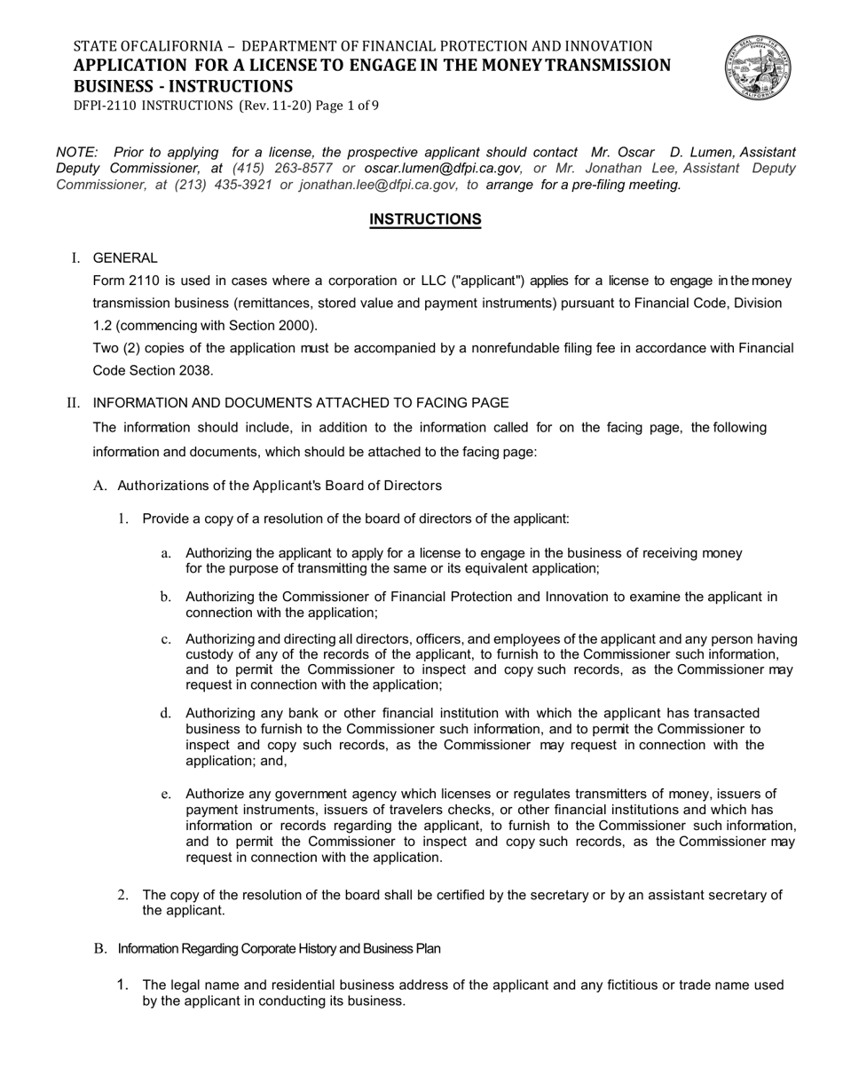 Instructions for Form DFPI-2110 Application for a License to Engage in the Money Transmission Business - California, Page 1
