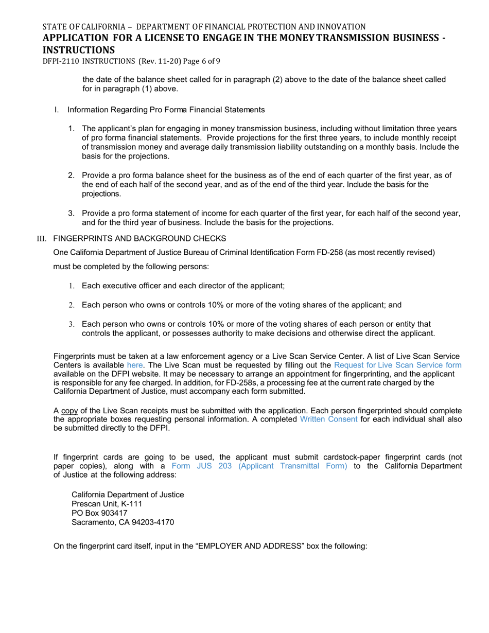 Instructions for Form DFPI-2110 Application for a License to Engage in the Money Transmission Business - California, Page 6