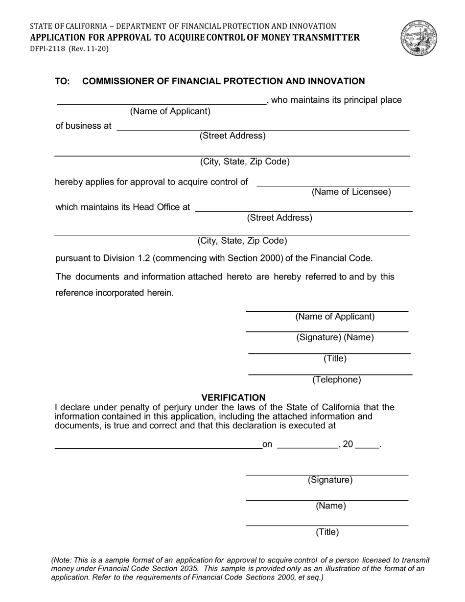 Form DFPI-2118 Application for Approval to Acquire Control of Money Transmitter - California, Page 1