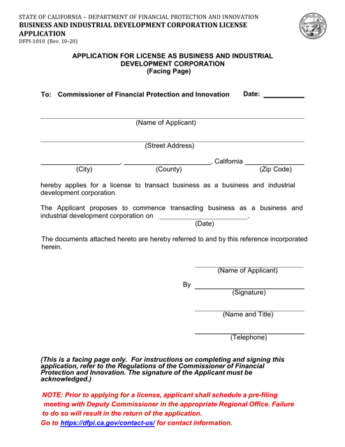 Form DFPI-1010 Business and Industrial Development Corporation License Application - California