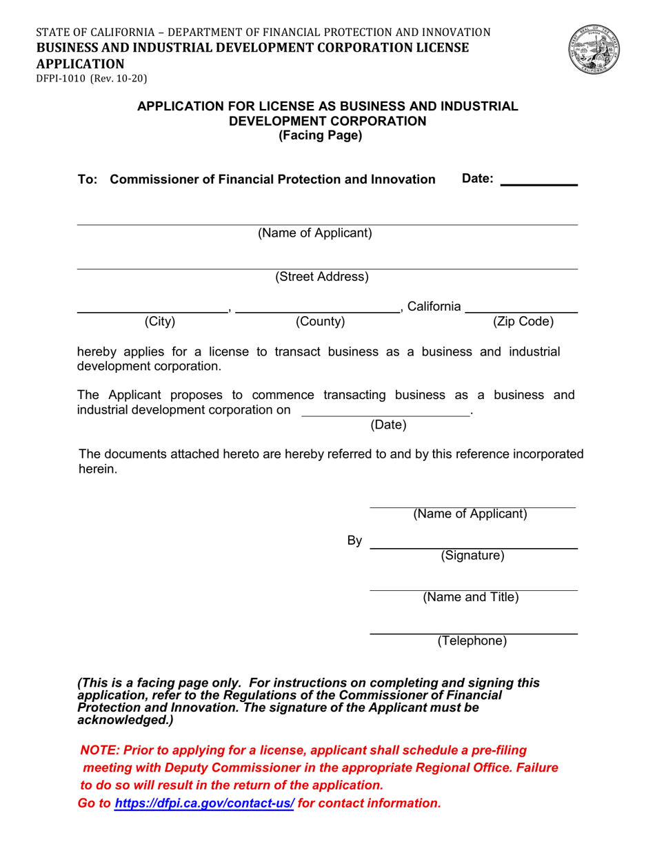 Form DFPI-1010 Business and Industrial Development Corporation License Application - California, Page 1