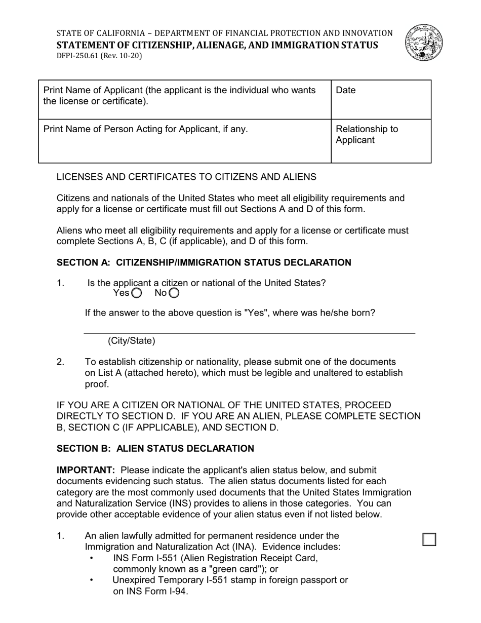 Form DFPI-250.61 Statement of Citizenship, Alienage, and Immigration Status - California, Page 1