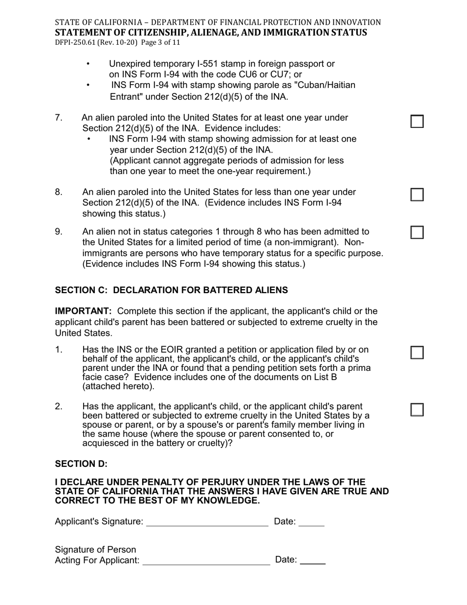 Form DFPI-250.61 Statement of Citizenship, Alienage, and Immigration Status - California, Page 3