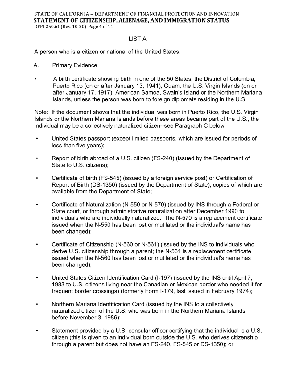 Form DFPI-250.61 Statement of Citizenship, Alienage, and Immigration Status - California, Page 4