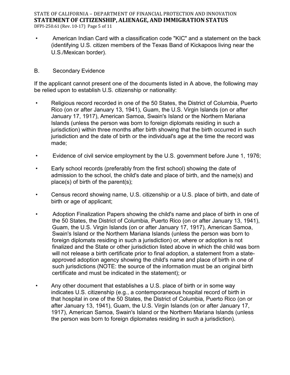 Form DFPI-250.61 Statement of Citizenship, Alienage, and Immigration Status - California, Page 5