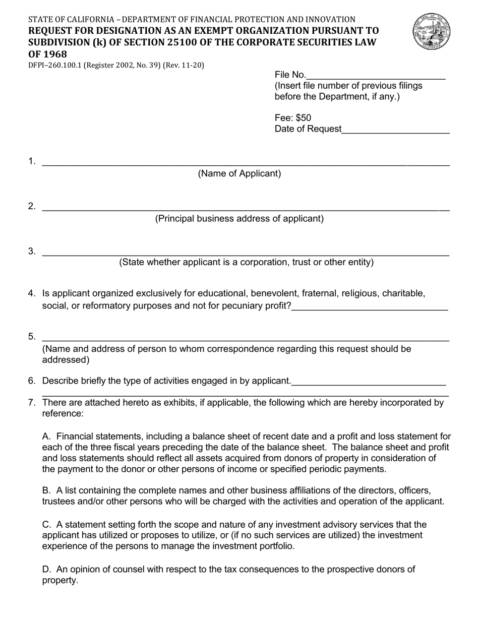 Form DFPI-260.100.1 Request for Designation as an Exempt Organization Pursuant to Subdivision (K) of Section 25100 of the Corporate Securities Law of 1968 - California, Page 1