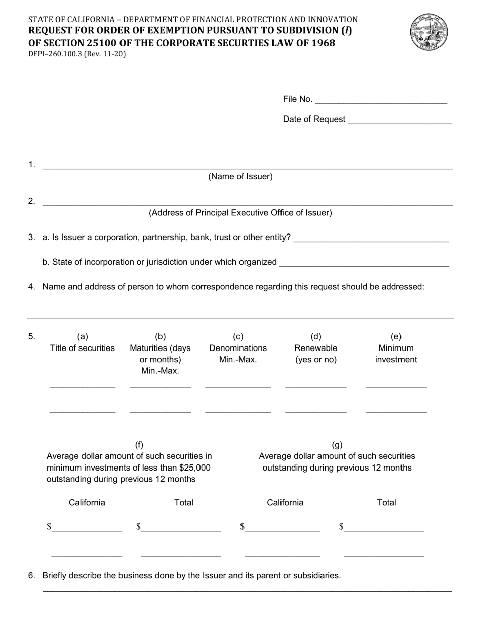 Form DFPI-260.100.3 Request for Order of Exemption Pursuant to Subdivision (L) of Section 25100 of the Corporate Securties Law of 1968 - California, Page 1