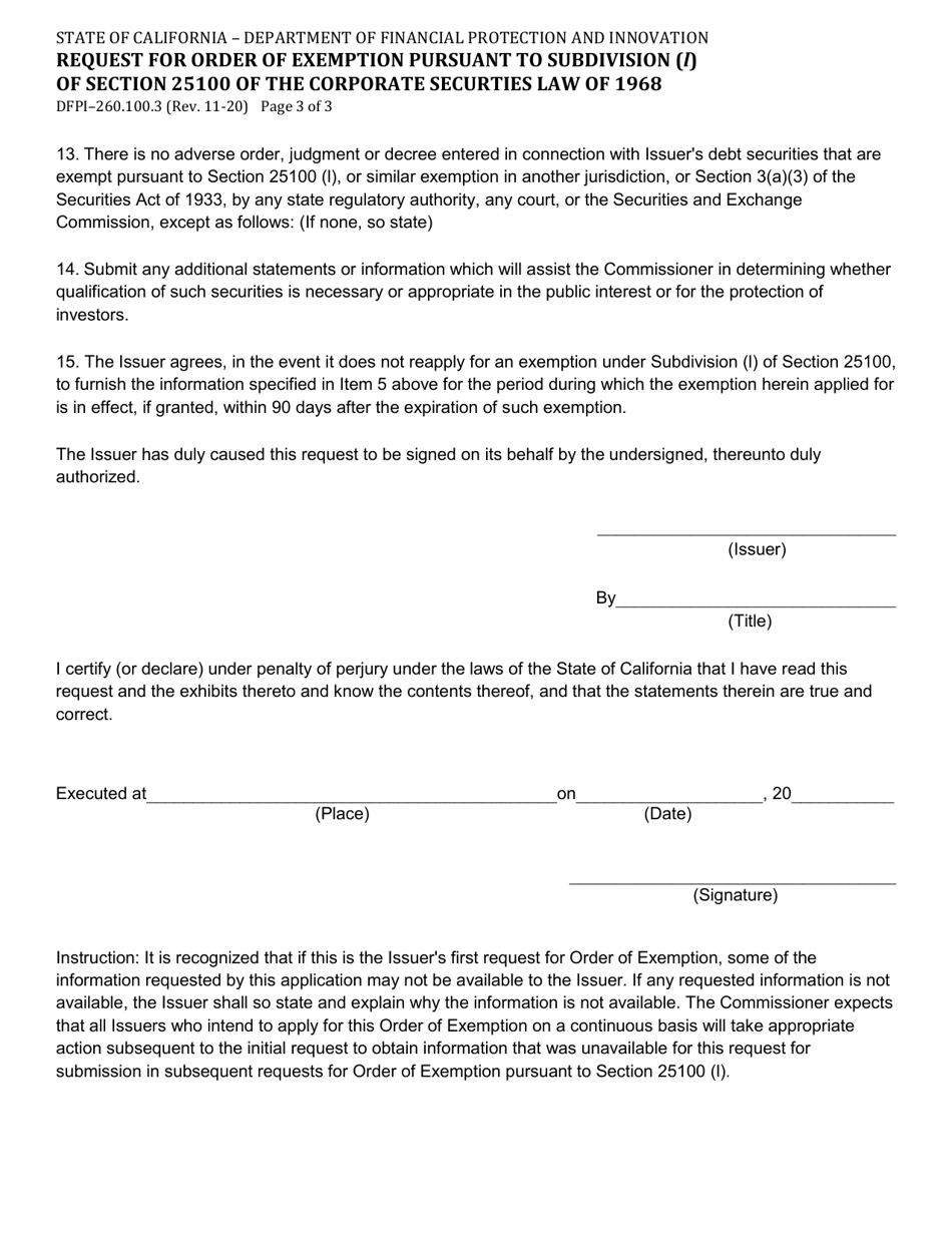 Form DFPI-260.100.3 Request for Order of Exemption Pursuant to Subdivision (L) of Section 25100 of the Corporate Securties Law of 1968 - California, Page 3