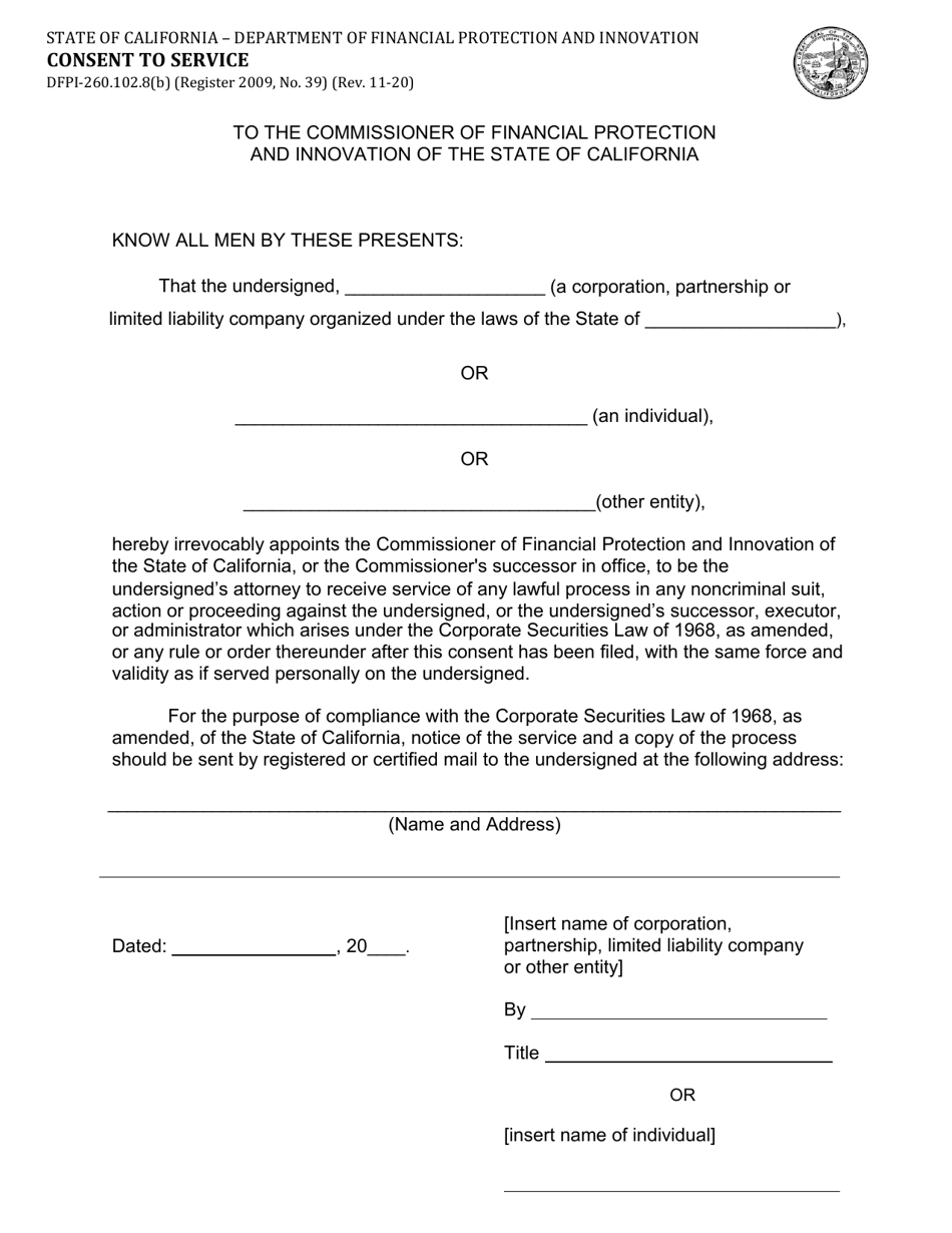 Form DFPI-260.102.8(B) Consent to Service of Process - California, Page 1