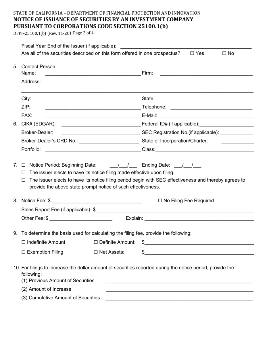 Form DFPI-25100.1(B) Notice of Issuance of Securities by an Investment Company Pursuant to Corporations Code Section 25100.1(B) - California, Page 2