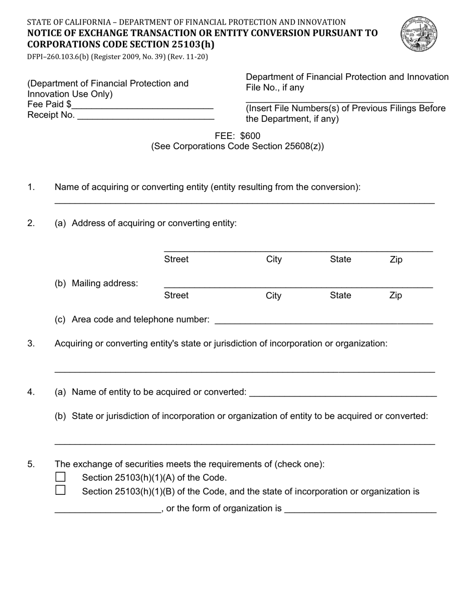 Form DFPI-260.103.6(B) Notice of Exchange Transaction or Entity Conversion Pursuant to Corporations Code Section 25103(H) - California, Page 1
