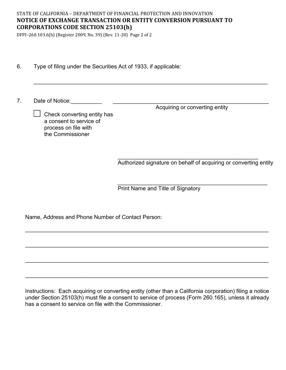 Form DFPI-260.103.6(B) Notice of Exchange Transaction or Entity Conversion Pursuant to Corporations Code Section 25103(H) - California, Page 2