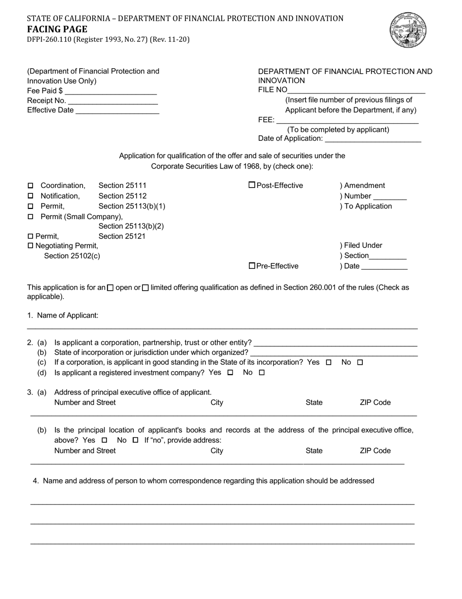 Form DFPI-260.110 Facing Page - California, Page 1