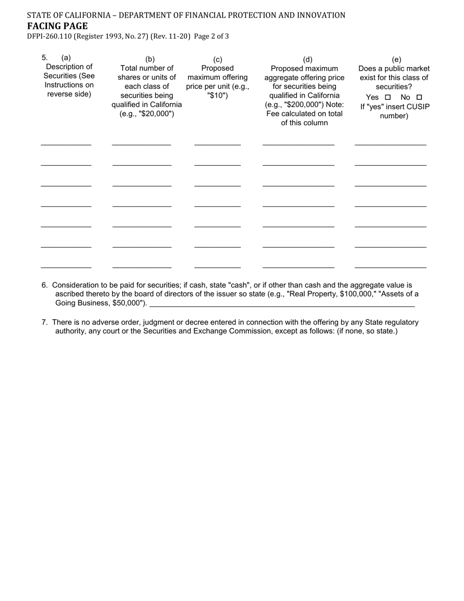 Form DFPI-260.110 Facing Page - California, Page 2