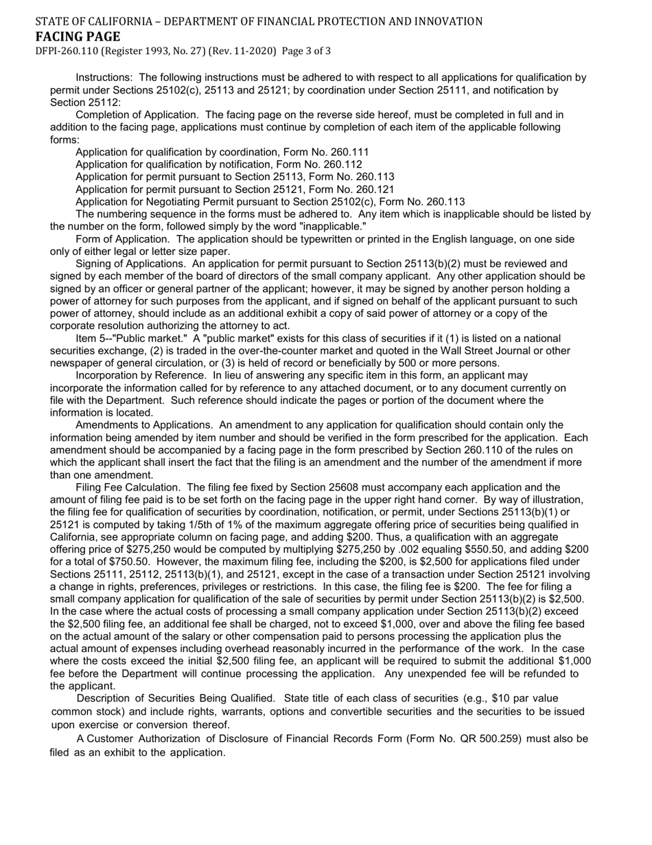 Form DFPI-260.110 Facing Page - California, Page 3
