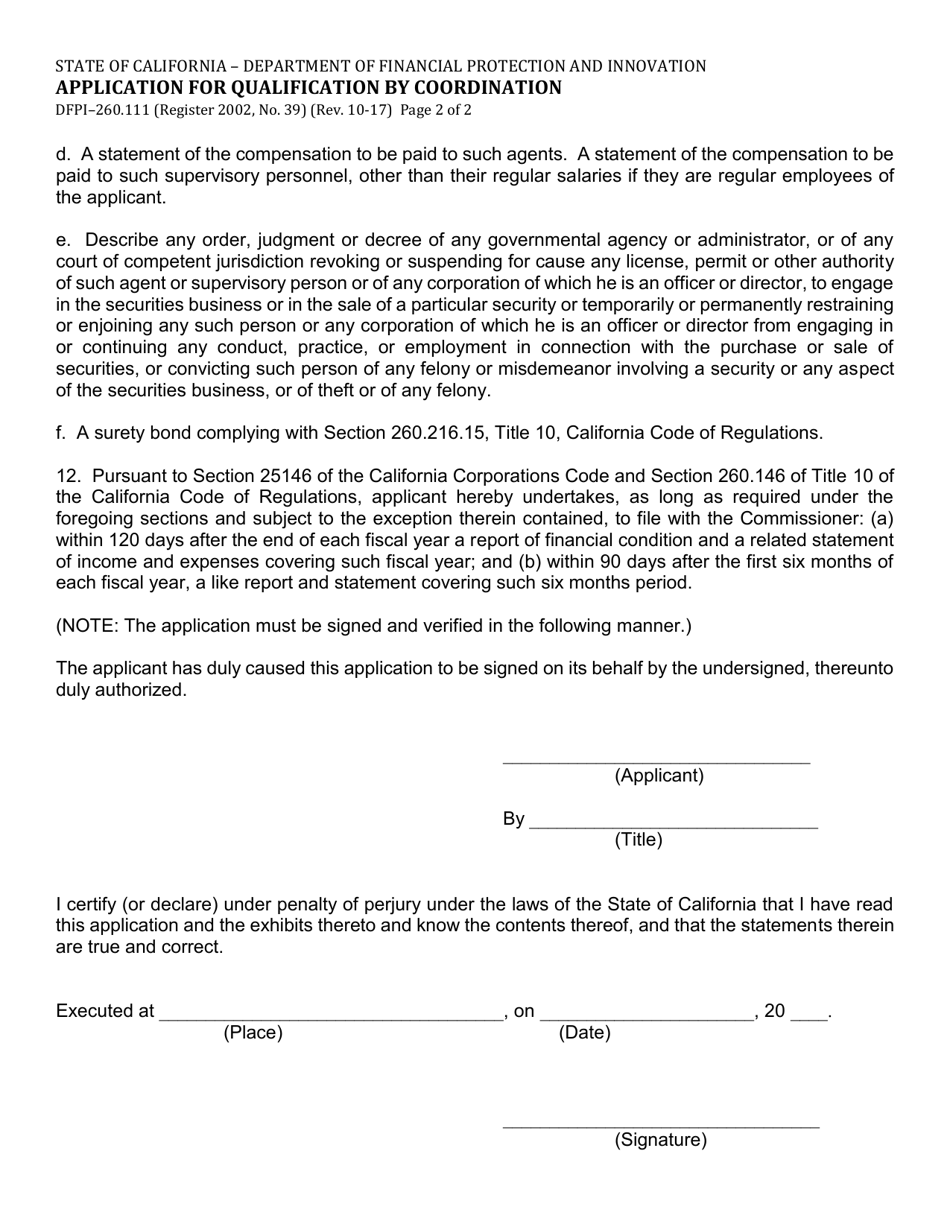 Form DFPI-260.111 Application for Qualification by Coordination - California, Page 2