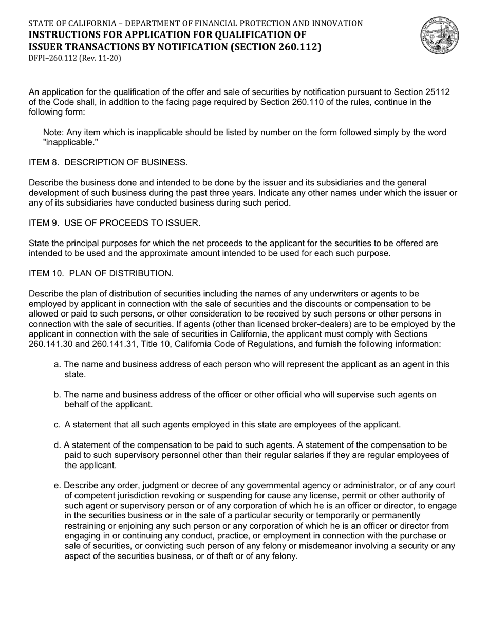 Instructions for Form DFPI-260.112 Application for Qualification of Issuer Transactions by Notification - California, Page 1