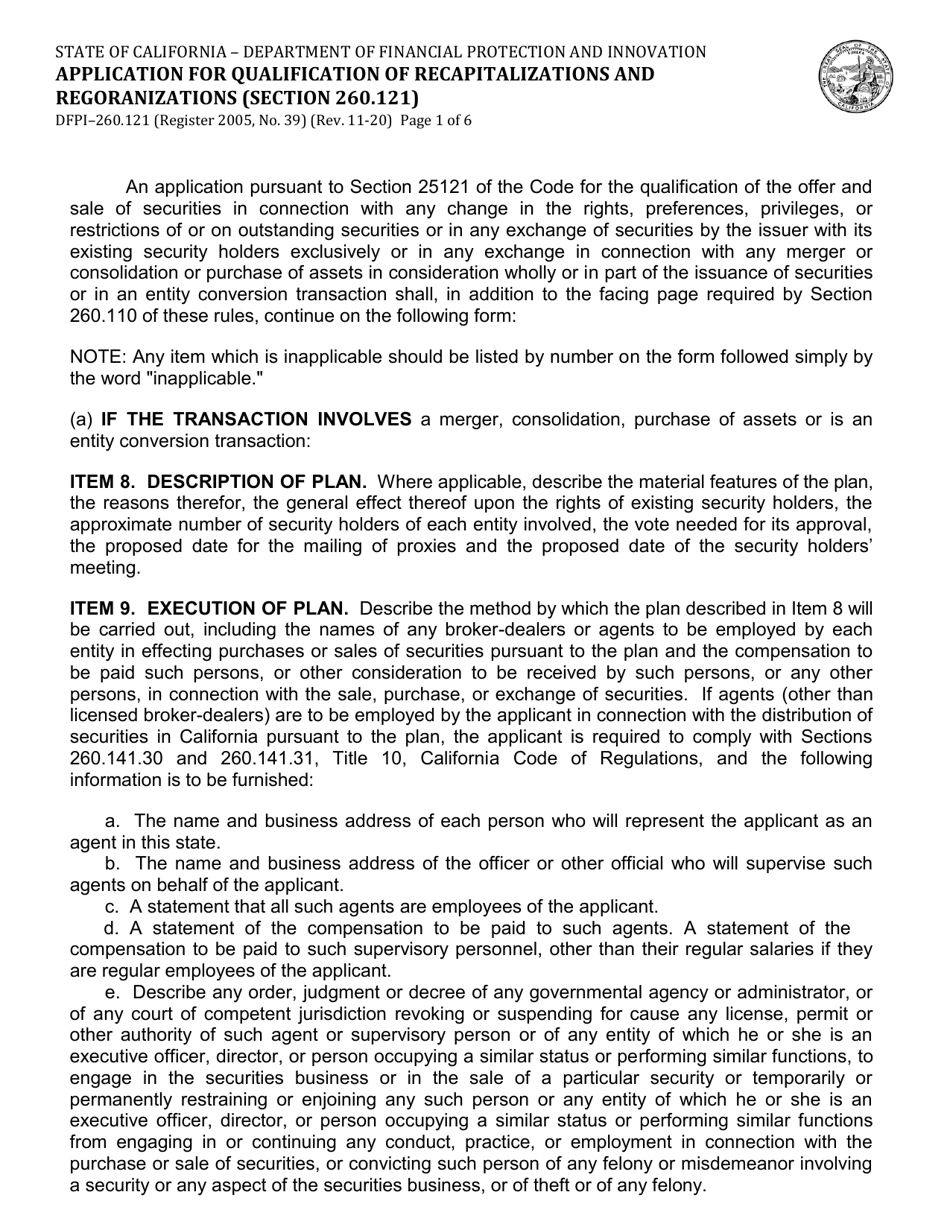 Form DFPI-260.121 Application for Qualification of Recapitalizations and Regoranizations (Section 260.121) - California, Page 1