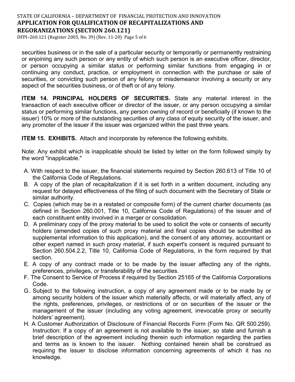 Form DFPI-260.121 Application for Qualification of Recapitalizations and Regoranizations (Section 260.121) - California, Page 5
