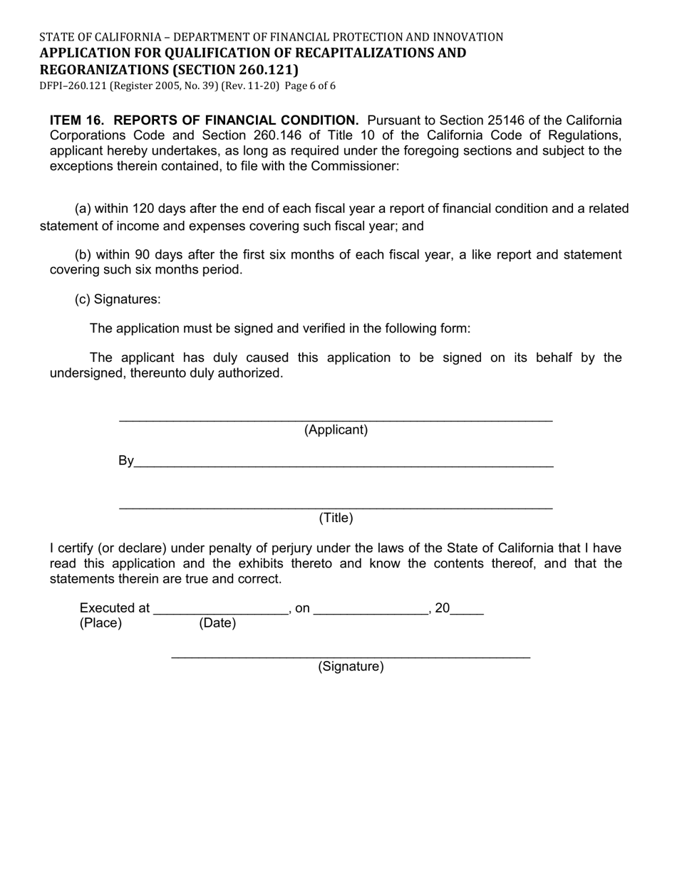 Form DFPI-260.121 Application for Qualification of Recapitalizations and Regoranizations (Section 260.121) - California, Page 6