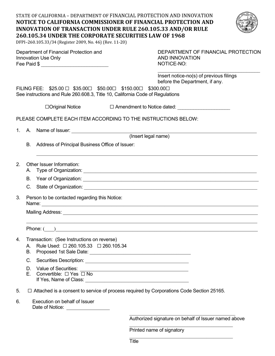 Form DFPI-260.105.33 / 34 Notice to California Commissioner of Financial Protection and Innovation of Transaction Under Rule 260.105.33 and / or Rule 260.105.34 Under the Corporate Securities Law of 1968 - California, Page 1