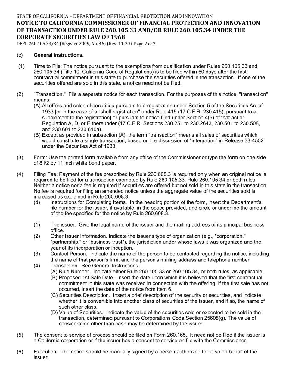 Form DFPI-260.105.33 / 34 Notice to California Commissioner of Financial Protection and Innovation of Transaction Under Rule 260.105.33 and / or Rule 260.105.34 Under the Corporate Securities Law of 1968 - California, Page 2