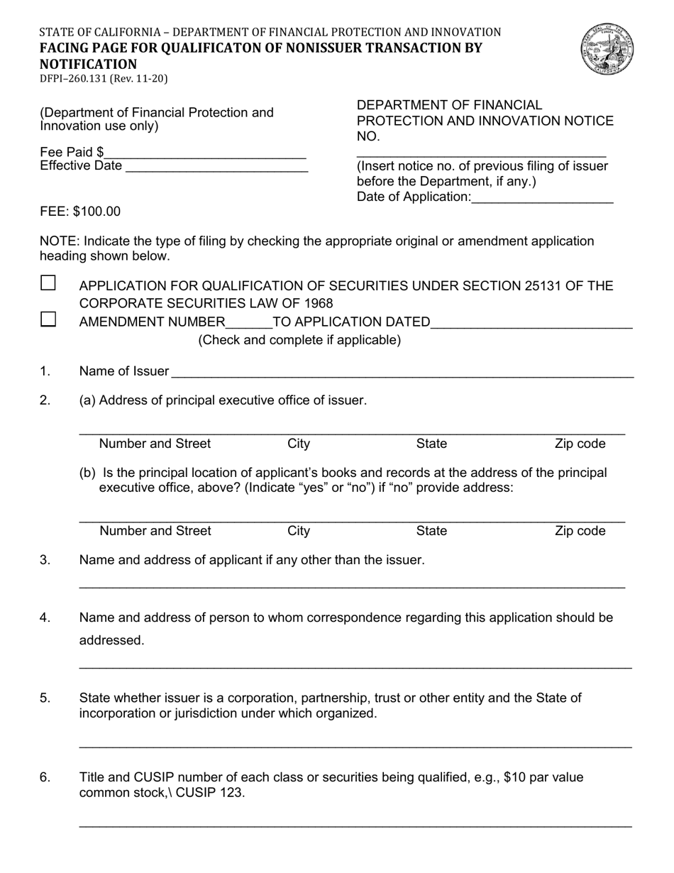 Form DFPI-260.131 Facing Page for Qualificaton of Nonissuer Transaction by Notification - California, Page 1