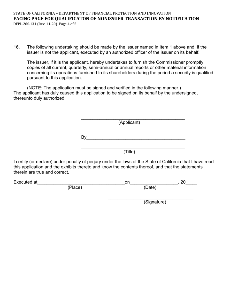 Form DFPI-260.131 Facing Page for Qualificaton of Nonissuer Transaction by Notification - California, Page 4