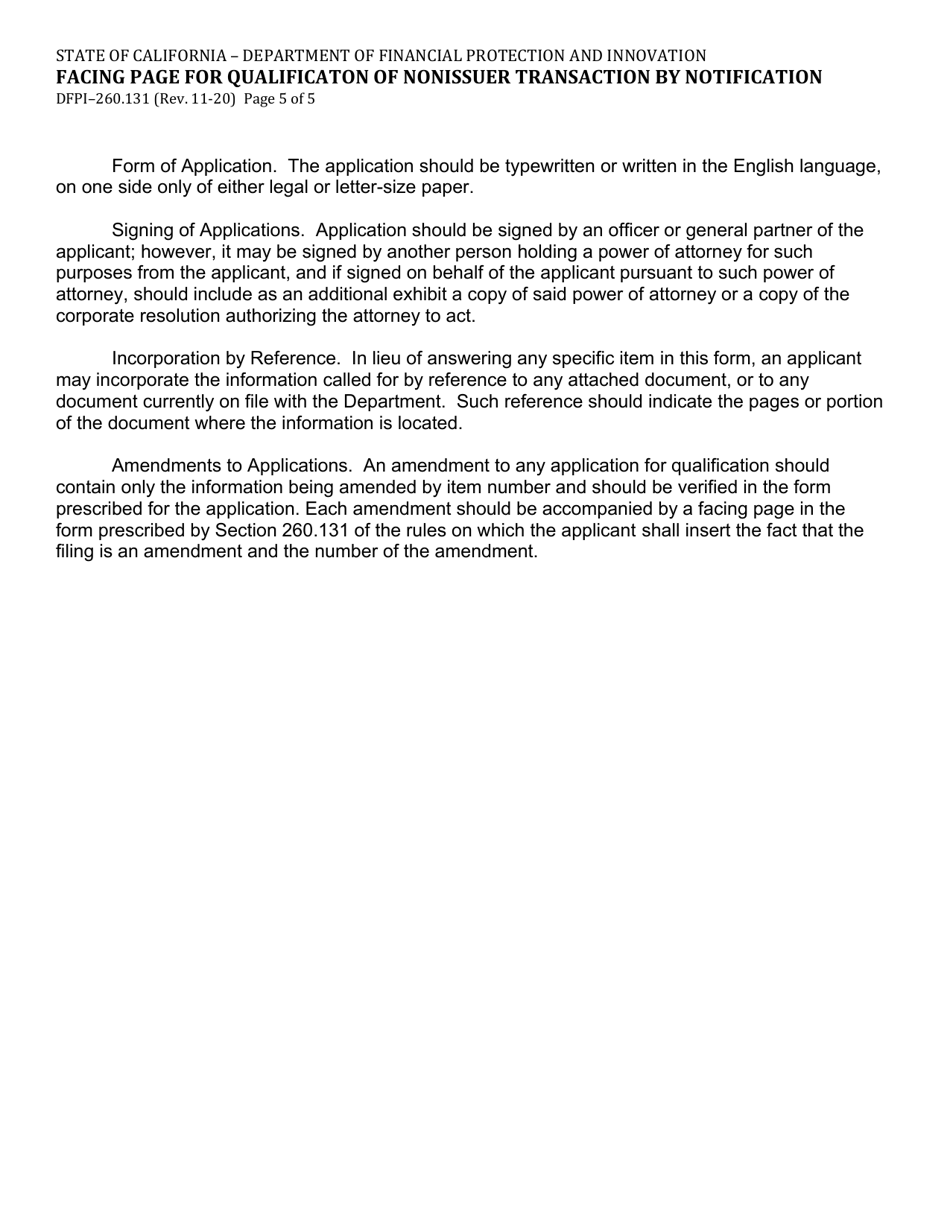 Form DFPI-260.131 Facing Page for Qualificaton of Nonissuer Transaction by Notification - California, Page 5