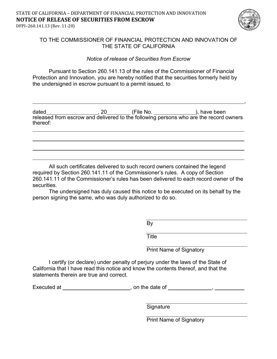 Form DFPI-260.141.13 Notice of Release of Securities From Escrow - California, Page 1