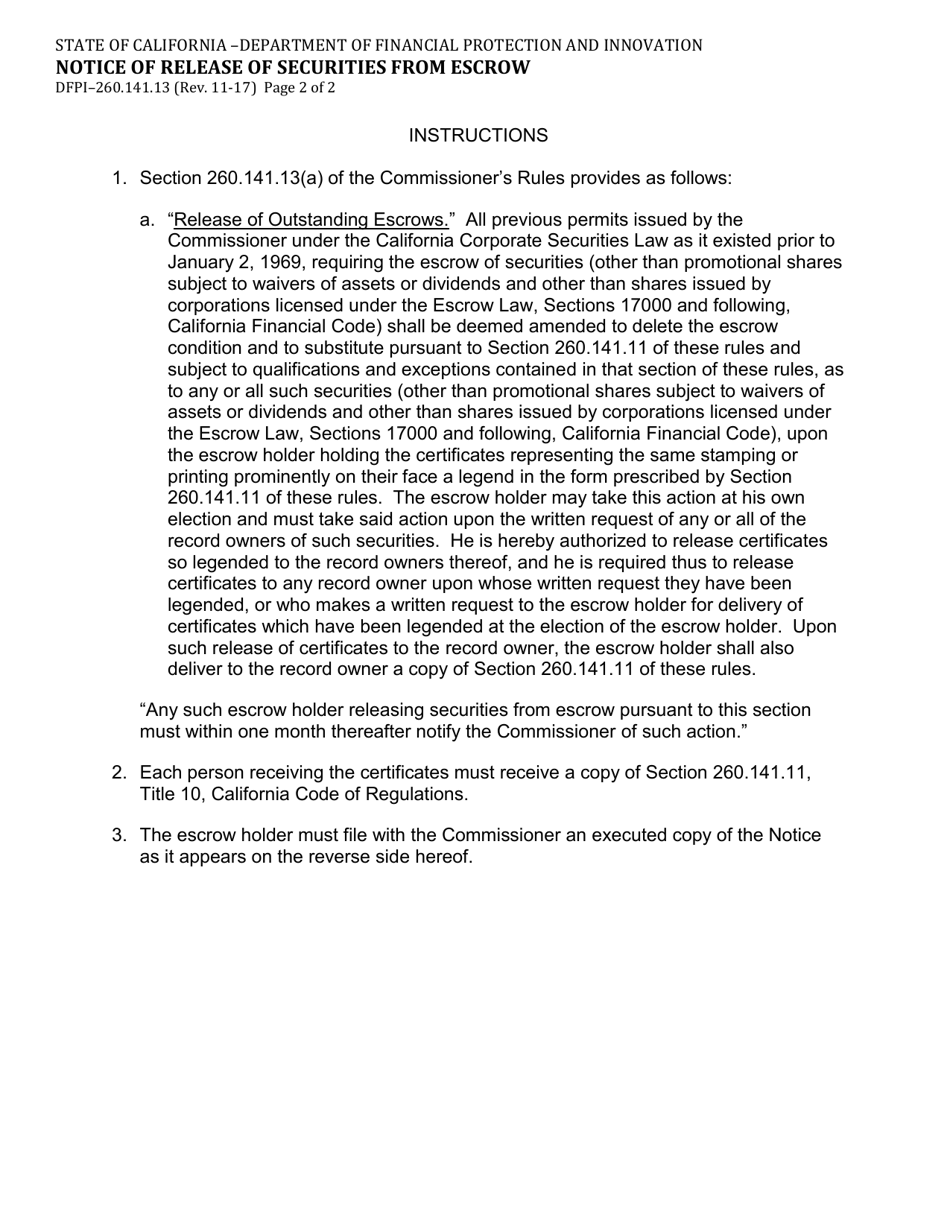 Form DFPI-260.141.13 Notice of Release of Securities From Escrow - California, Page 2