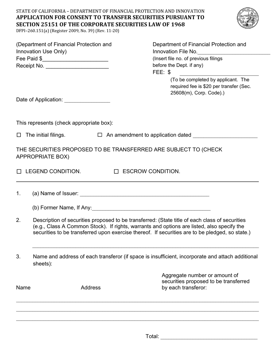 Form DFPI-260.151(A) Application for Consent to Transfer Securities Pursuant to Section 25151 of the Corporate Securities Law of 1968 - California, Page 1