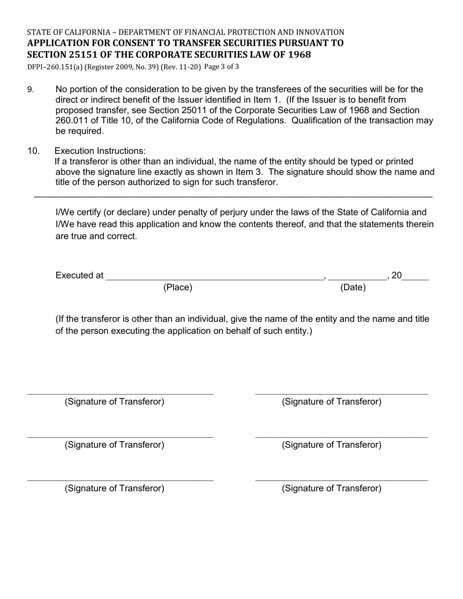Form DFPI-260.151(A) Application for Consent to Transfer Securities Pursuant to Section 25151 of the Corporate Securities Law of 1968 - California, Page 3