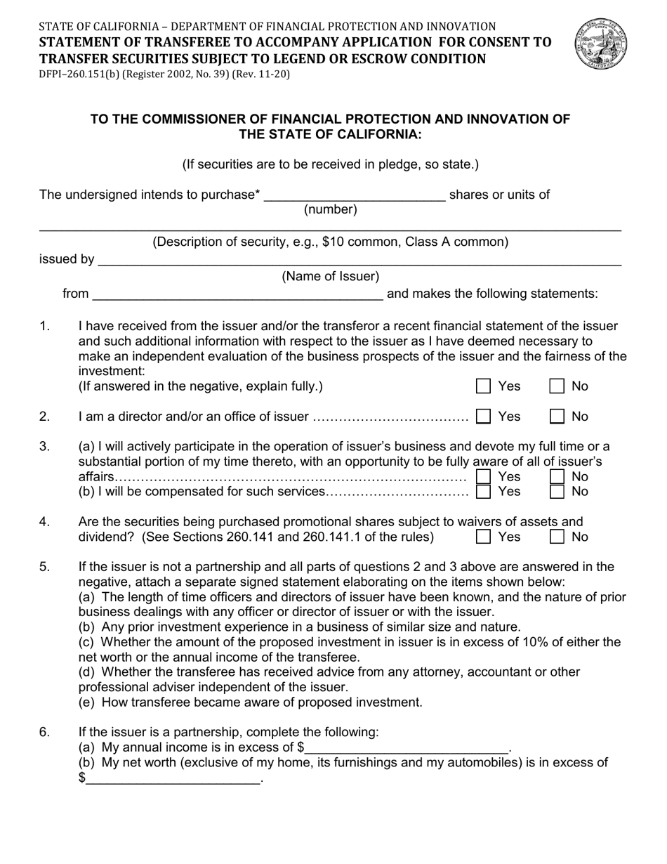 Form DFPI-260.151(B) Statement of Transferee to Accompany Application for Consent to Transfer Securities Subject to Legend or Escrow Condition - California, Page 1