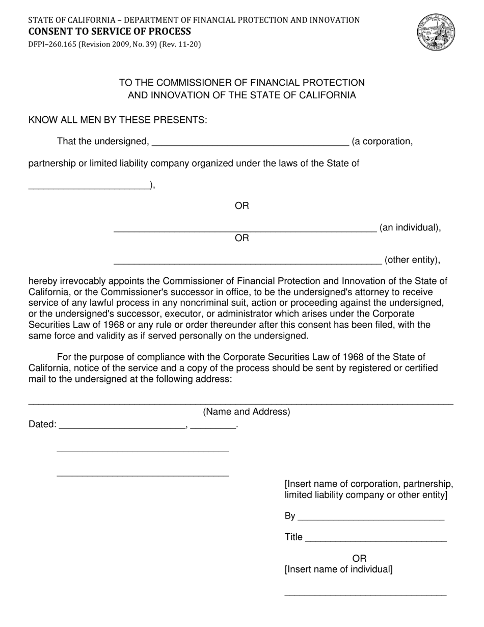 Form DFPI-260.165 Consent to Service of Process - California, Page 1