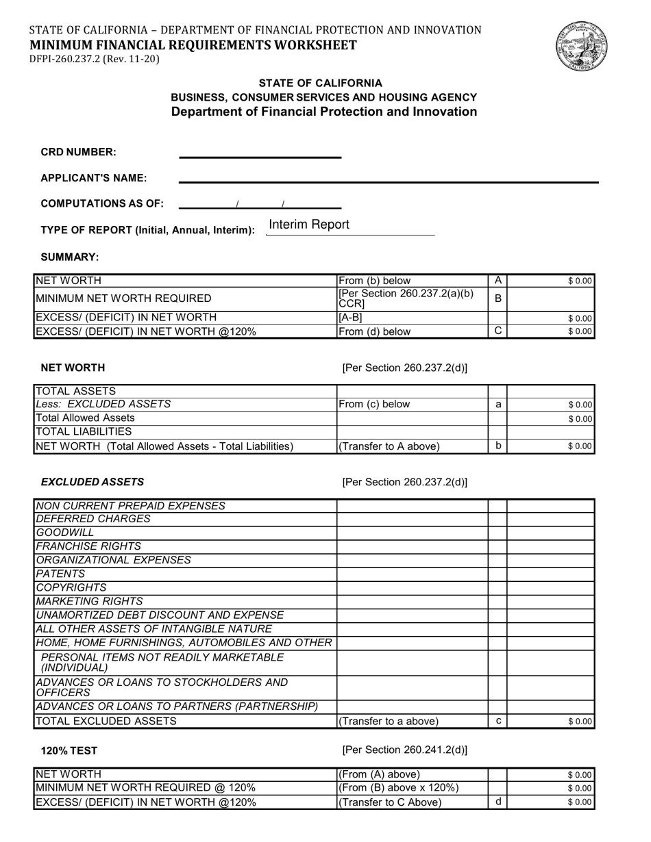 Form DFPI-260.237.2 Minimum Financial Requirements Worksheet - California, Page 1