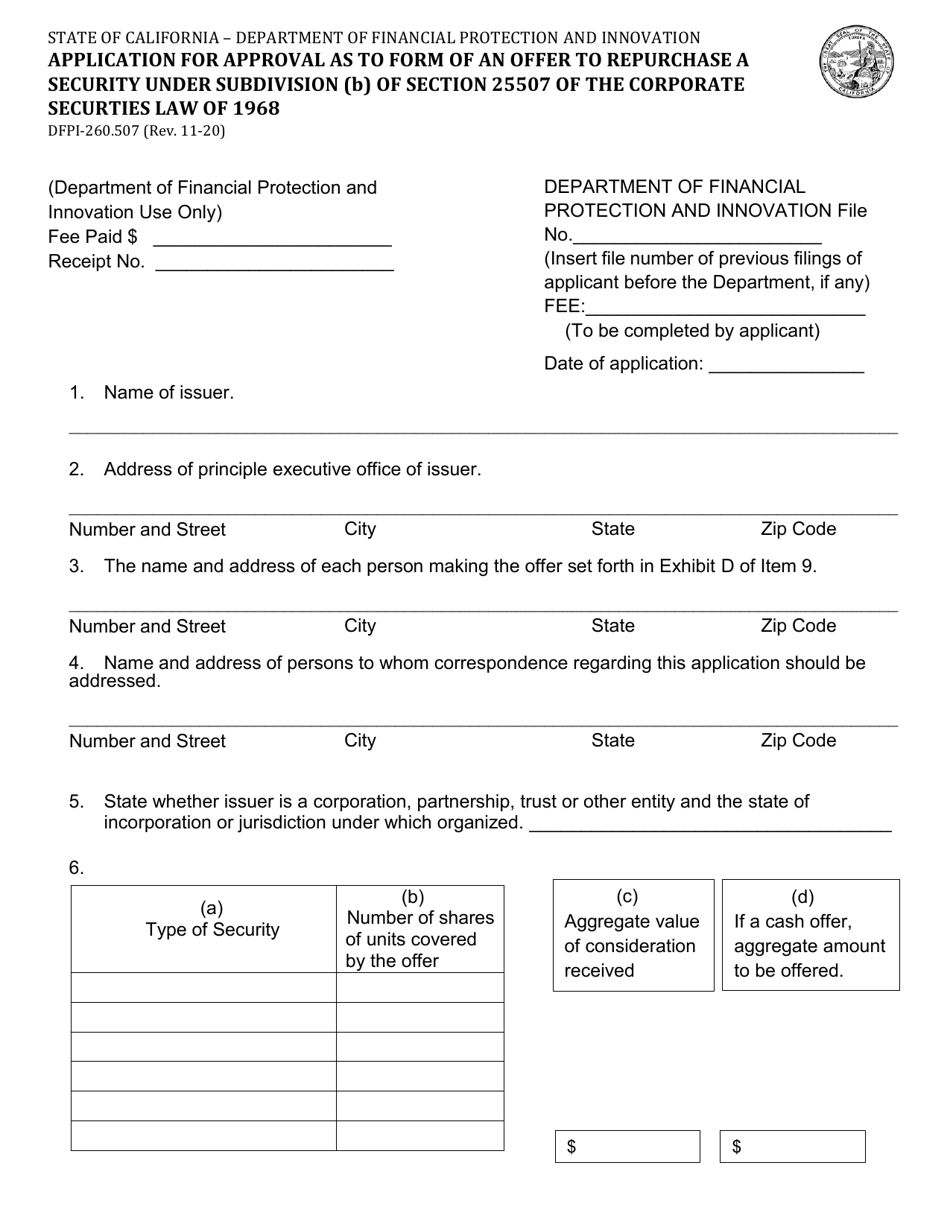 Form DFPI-260.507 Application for Approval as to Form of an Offer to Repurchase a Security Under Subdivision (B) of Section 25507 of the Corporate Securities Law of 1968 - California, Page 1