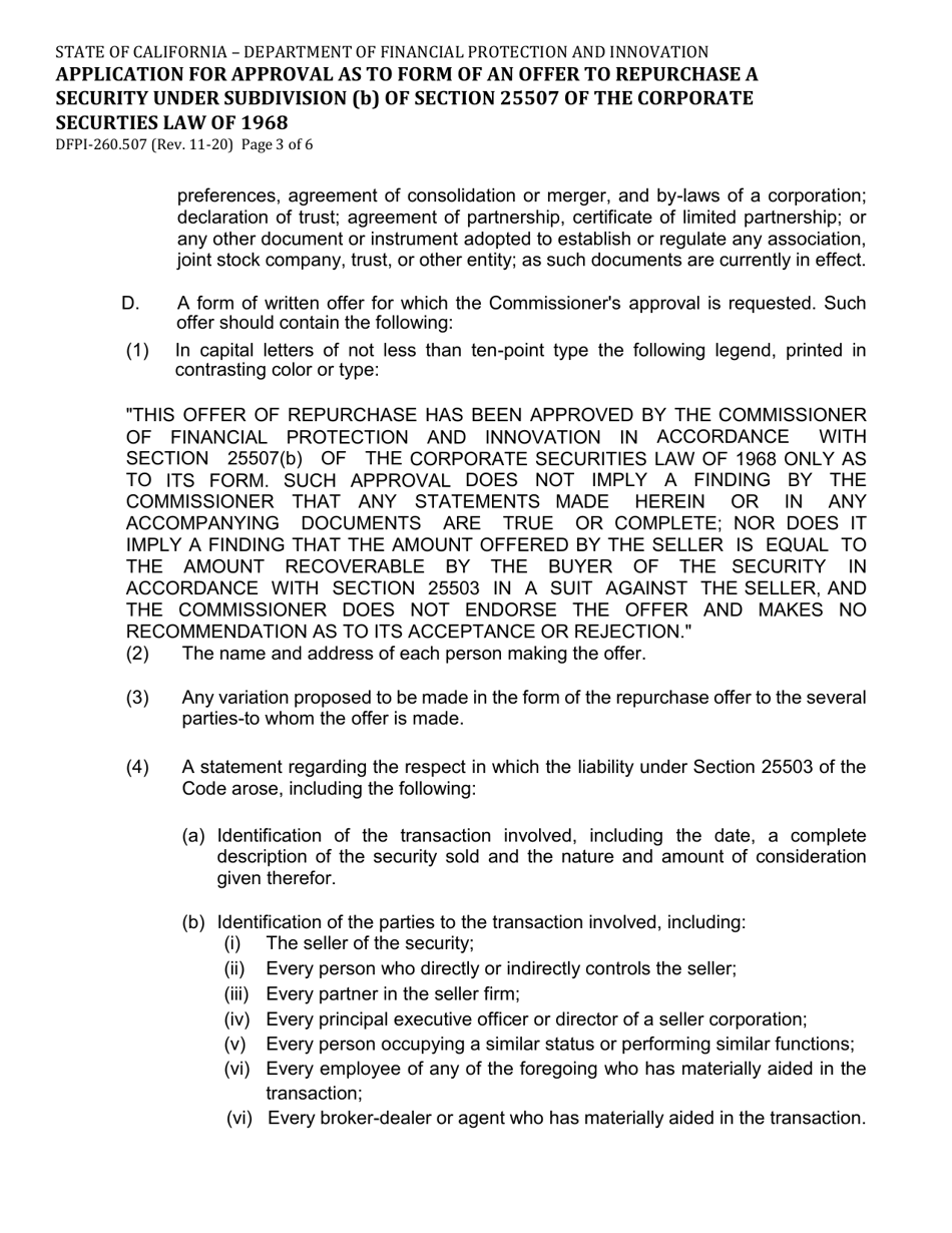 Form DFPI-260.507 Application for Approval as to Form of an Offer to Repurchase a Security Under Subdivision (B) of Section 25507 of the Corporate Securities Law of 1968 - California, Page 3