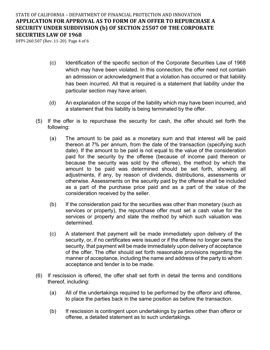 Form DFPI-260.507 Application for Approval as to Form of an Offer to Repurchase a Security Under Subdivision (B) of Section 25507 of the Corporate Securities Law of 1968 - California, Page 4